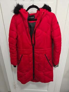 GUESS Red Puffer Winter Coat Jacket with Faux Fur Hood Size M